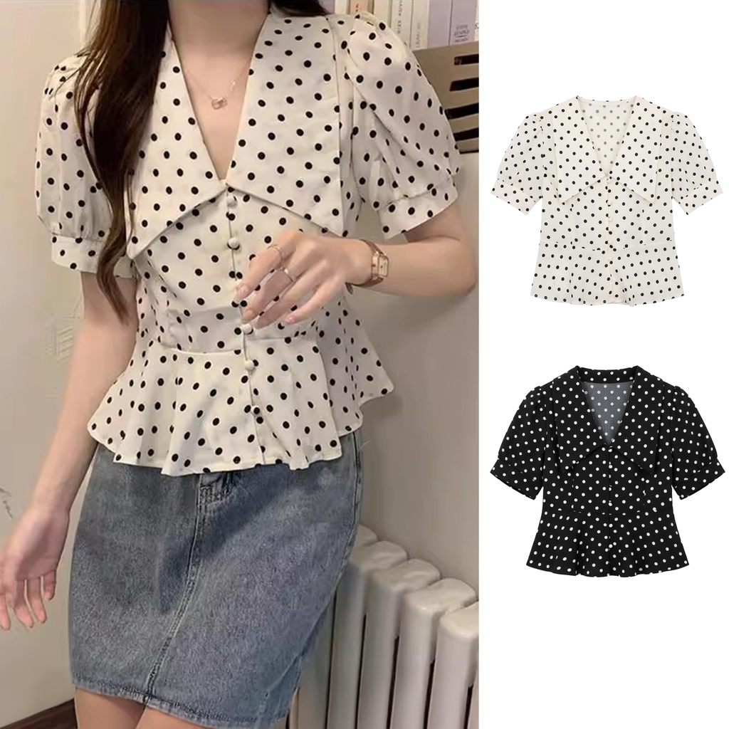 เสื้อเชิ้ตแขนสั้นลายจุด สไตล์เกาหลี ผ้าชีฟอง ทรงบอลลูน ใส่สบายทุกไซส์