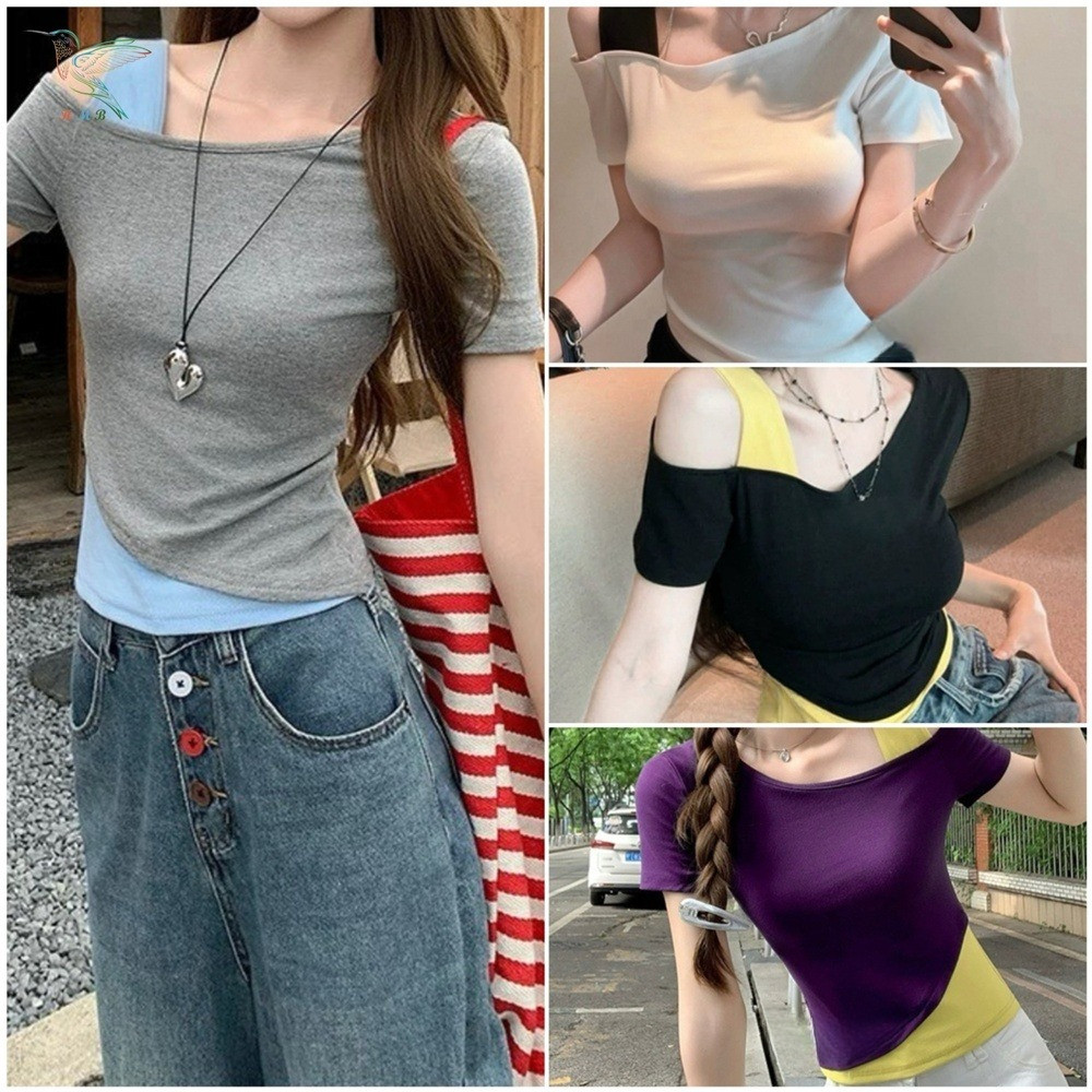 HMB® เสื้อยืดแฟชั่น แขนสั้น เปิดไหล่ แต่งสีทูโทน ผ้าคอตตอนผสม เนื้อผ้านิ่ม ดีไซน์ทรงเข้ารูป ทรงสวยแม