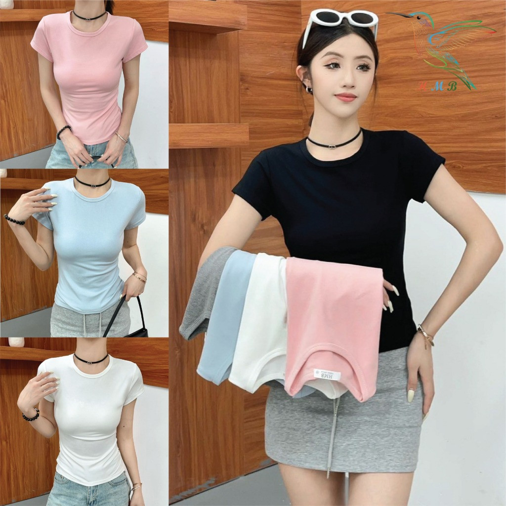 HMB® เสื้อยืด คอกลม แขนสั้น M-2XL ทรงเข้ารูป ผ้าคอตตอนผสมสเปนเด็กช์ เนื้อผ้านิ่ม สไตล์แฟชั่น t320#