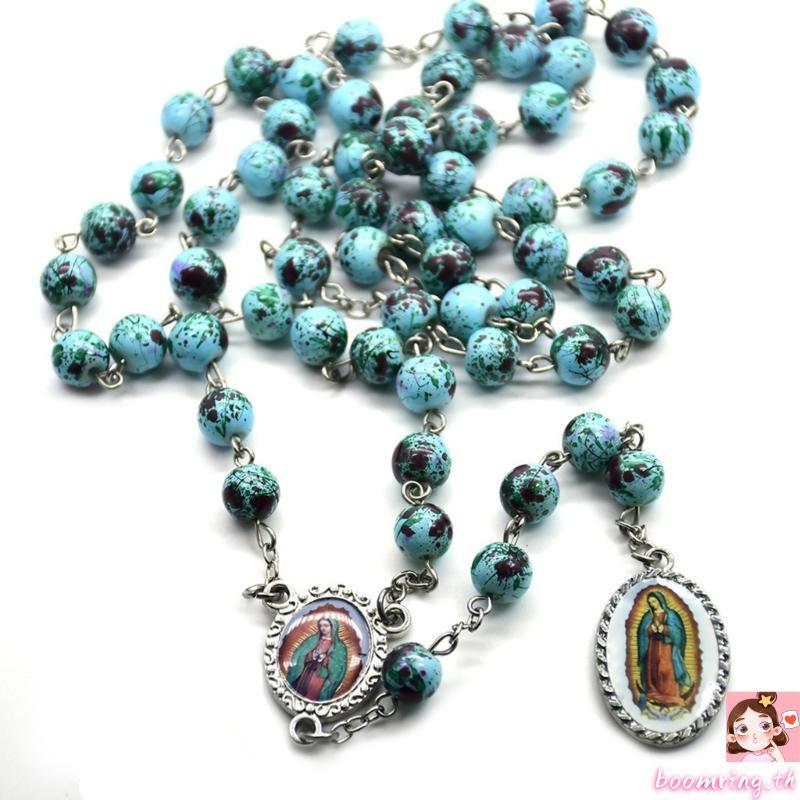 สร้อยคล้องคอมีดีไซน์แบบศาสนาคาทอลิครูปลady of Guadalupe ทำจากลูกประคำ