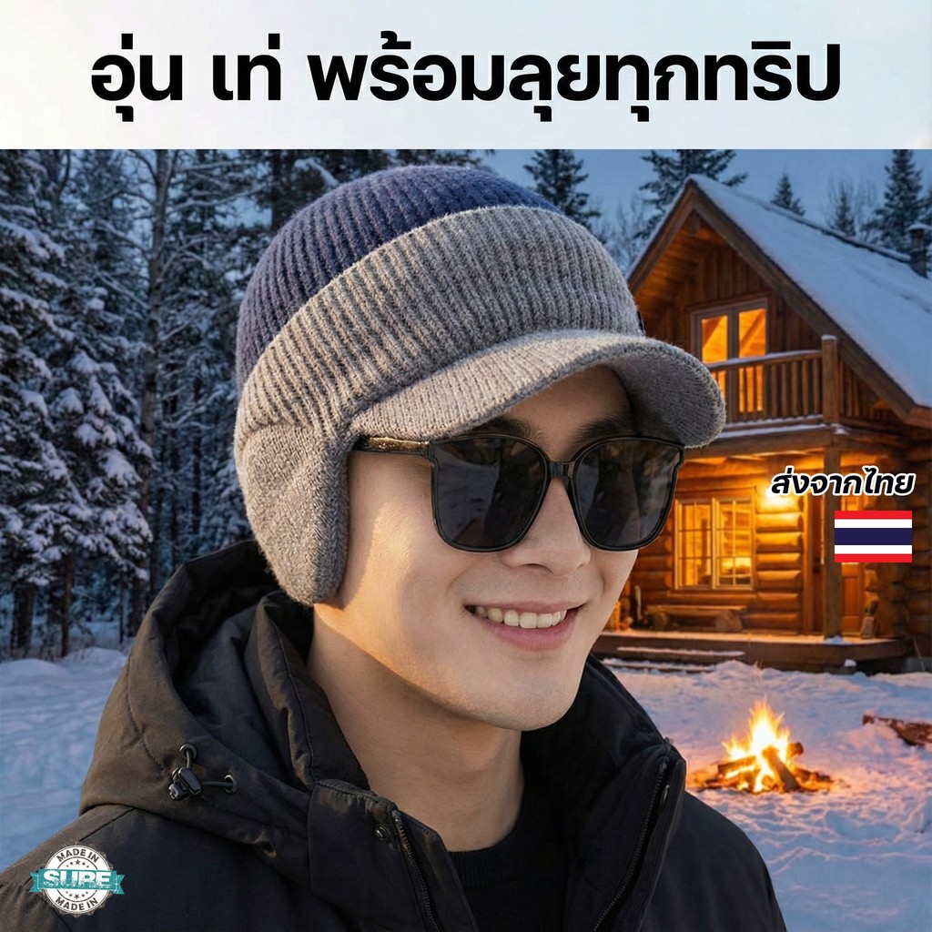 หมวกไหมพรมกันหนาวพร้อมปีกหมวกในตัว ใส่ได้ทั้งชายหญิง ดีไซน์สวยคลาสสิคใส่เที่ยวก็เท่