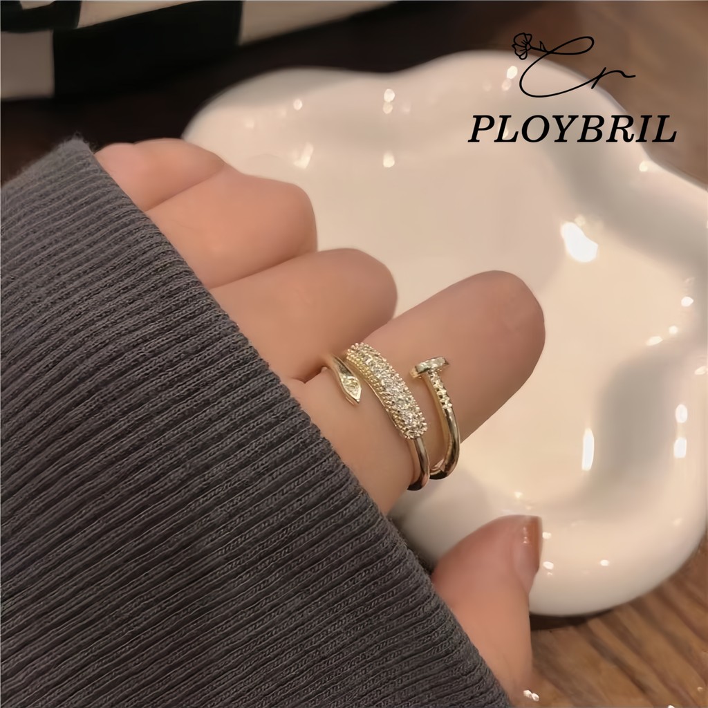 PLOYBRIL สูง-จบ สไตล์เกาหลีอินเทรนด์ฝังเพทายสามวงกลมหลายชั้นเปิดแหวนออกแบบเฉพาะแสงหรูหราแหวนสาวแฟนอุปกรณ์แฟชั่น  J003