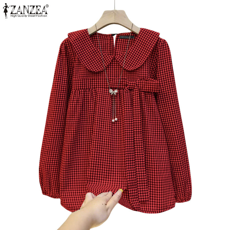 ZANZEA เสื้อลายสก๊อตแขนโบว์ pleated สไตล์เกาหลี retro — صورة 7