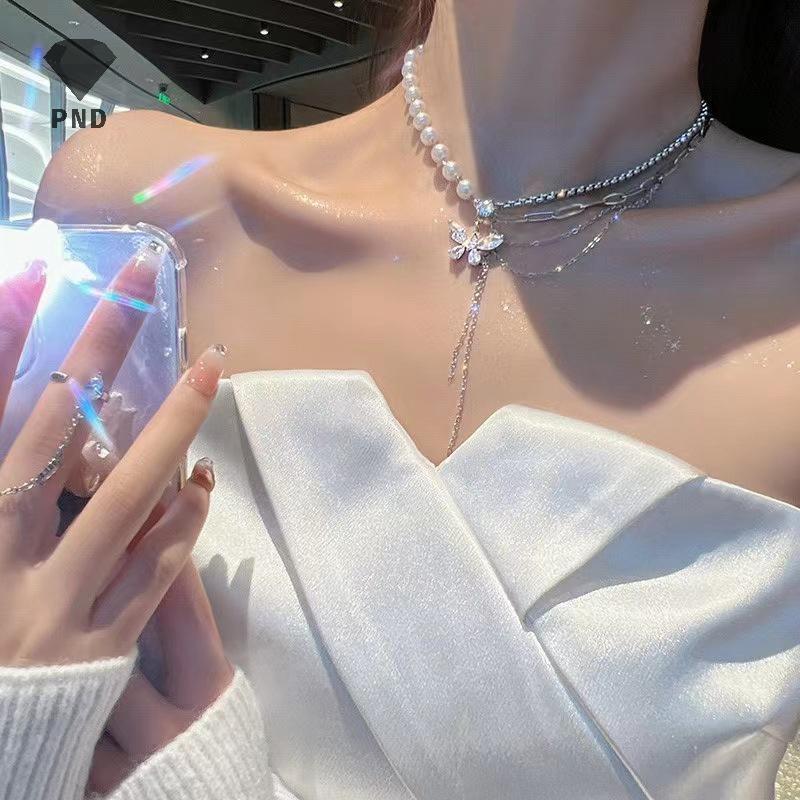 PND เงาคริสตัลผีเสื้อสร้อยคอประณีต Multi-layer Pearl Clavicle Chain สร้อยคอผู้หญิง 2022 แนวโน้มความง