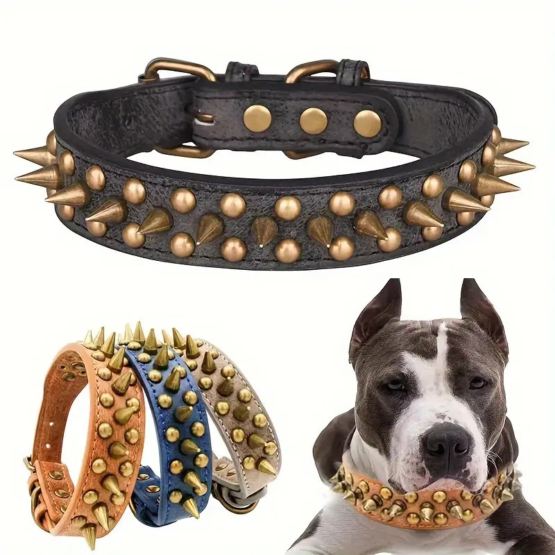 Retro Punk Dog Collar - Durable Leather, Spiked & Studded, Adjustable for Secure Fit, Anti-Bite Design for Safety