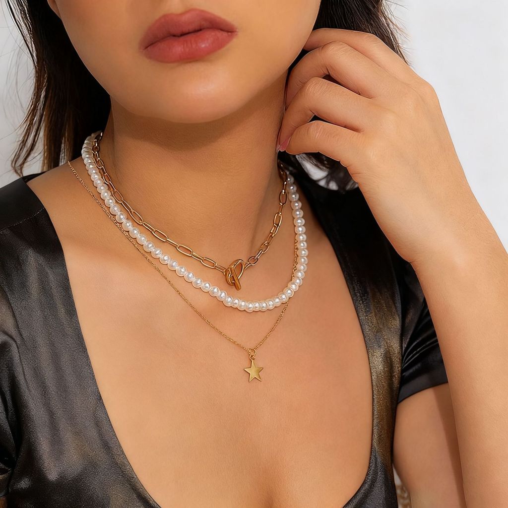 สร้อยคอโซ่โลหะพร้อมลูกปัดดาวและกระดูกไหปลาร้า สไตล์หวานเย็น หลายชั้น PCJ7