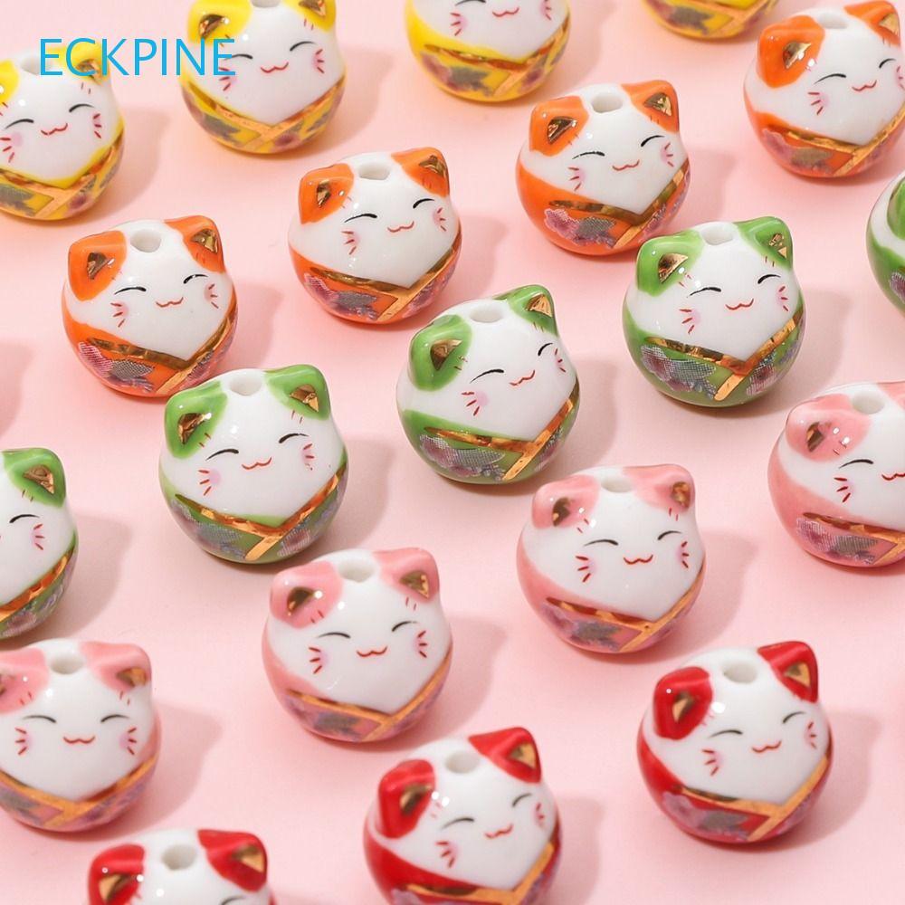 ECKPINE ลูกปัดแมว พลูตัส, ลูกปัด Kitty Cat Maneki-eko, สร้อยคอสวยเซรามิค Handmade DIY เครื่องประดับจ