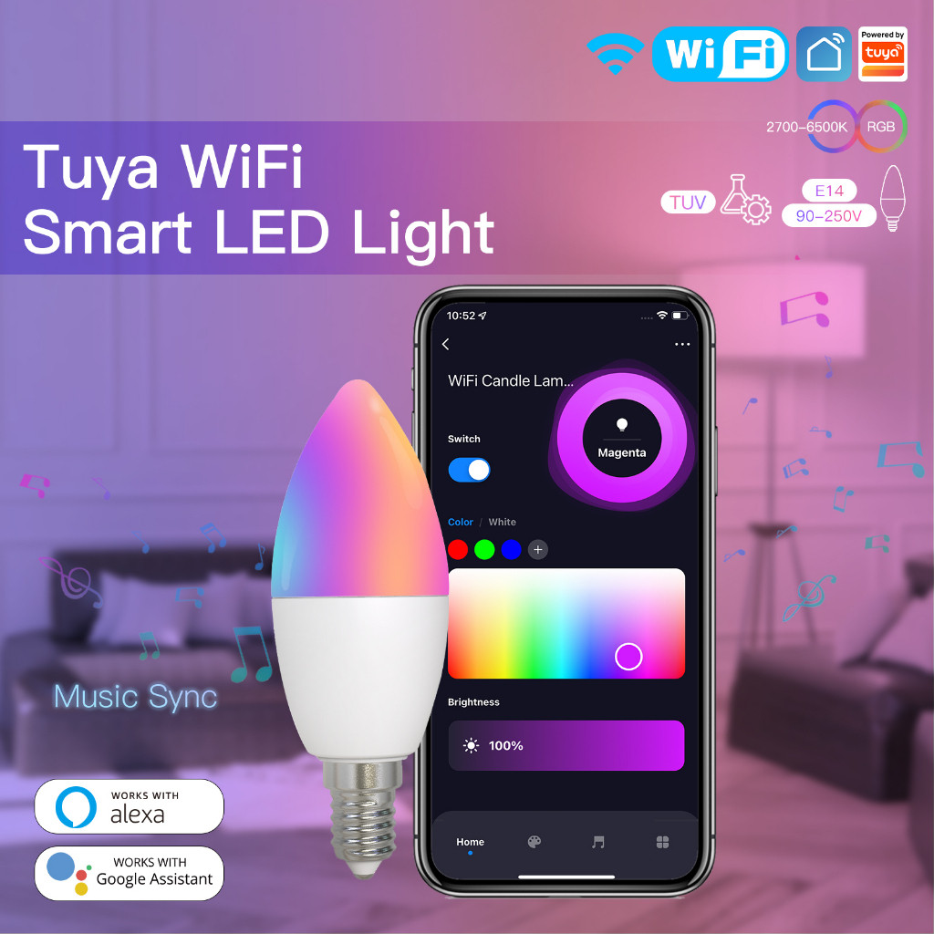 WiFi สมาร์ทหลอดไฟ LED E14 โคมไฟเทียน 16 ล้าน RGBCCT 2700-6500K หรี่แสงได้ Candelabra Light Tuya Alex