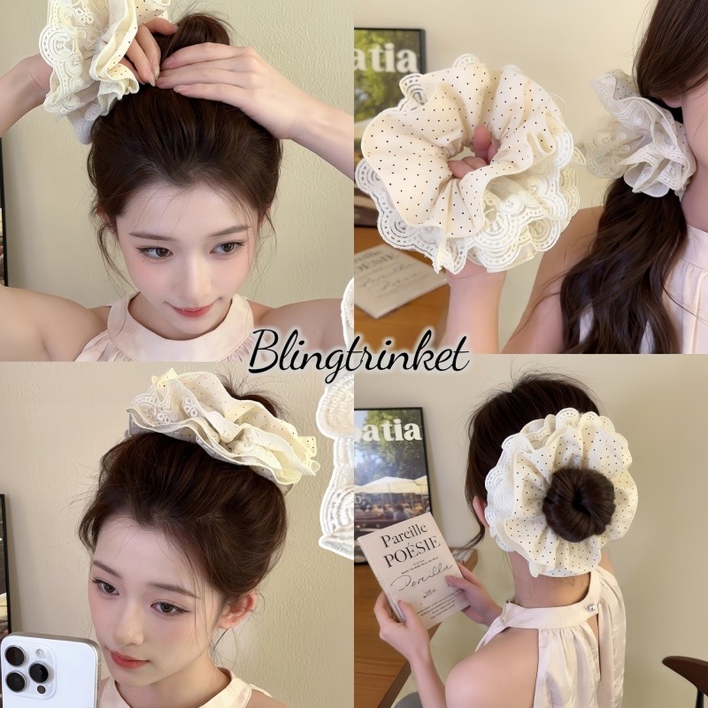 Bling Trinket🎀ยางรัดผมลูกไม้ลายดอกไม้สไตล์เกาหลี ยางรัดผมลูกไม้ลายจุดขนาดใหญ่  ไฮเอนด์ โดดเด่น และใช้งานได้หลากหลาย