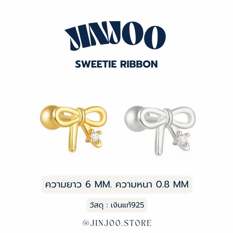 Jinjoo จิวเงิu จิวต่างหูโบว์ รุ่น Sweetie Ribbon ก้านหนา 0.8 mm แป้นกลม