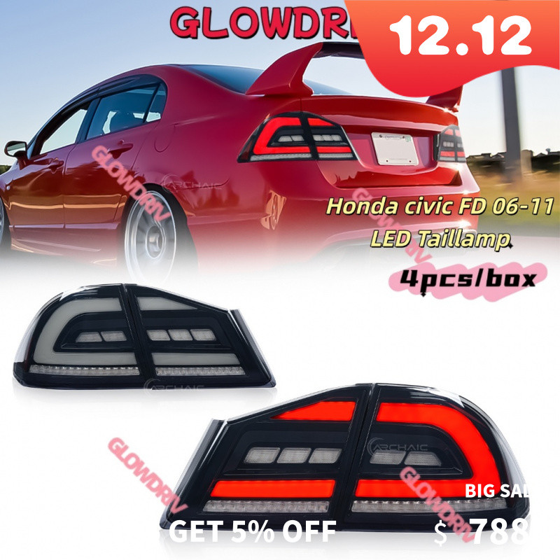 ไฟท้าย LED Honda Civic FD2 2006-2011 ควัน+ไฟหลังสีแดง อัพเกรดชุดไฟวิ่งกลางวัน lampu