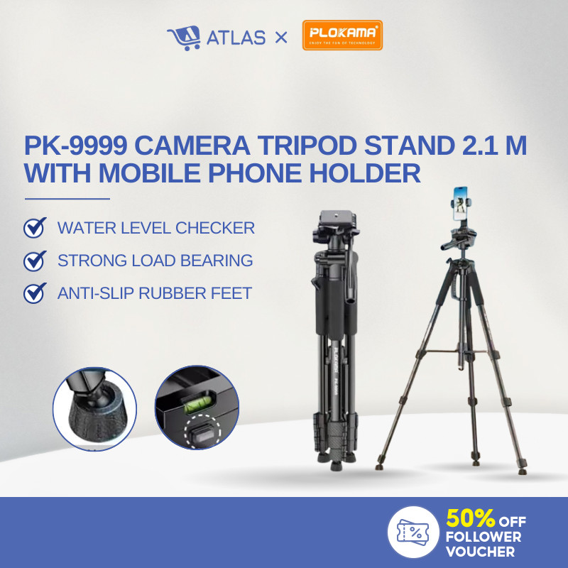 ATLAS PLOKAMA PK-9999 2.1M ขาตั้งกล้องสําหรับกล้องพร้อมที่วางโทรศัพท์มือถือวัสดุที่ทนทานและแข็งแรง