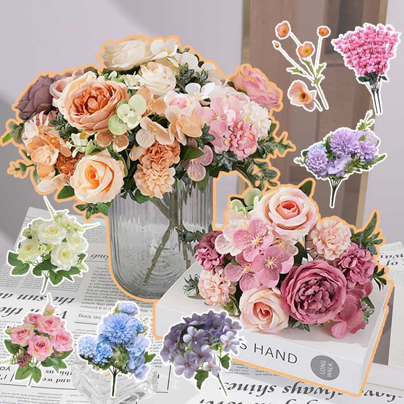 ช่อดอกไม้จำลอง โบตั๋นไฮเดรนเยีย 7 ดอก 3 สี การตก แต่งบ้าน งานเฉลิมฉลองวัน แต่งงาน