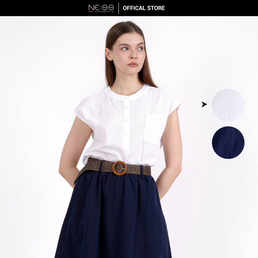 NE Double S เสื้อแขนกุดติดกระดุมคอปกยึดและดีไซน์เฮมไลน์โค้ง (SB1-2508-0004)