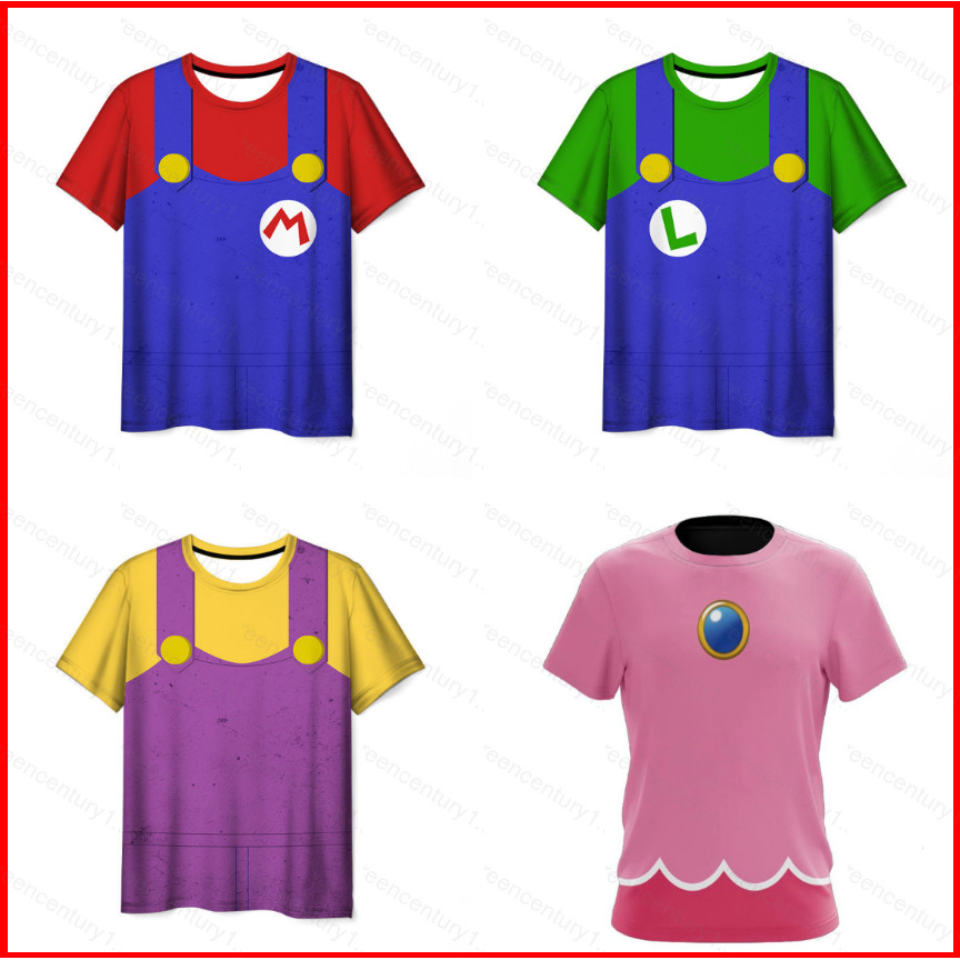 GC1 Super Mario Bros คอสเพลย์ Tshirt แขนสั้น 3D เสื้อเด็กผู้ใหญ่ Luigi Princess Peach แฟชั่น Casual 