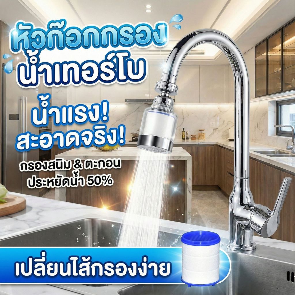 หัวก๊อกกรองน้ำ เพิ่มแรงดัน สายน้ำนุ่ม หมุน 360° โปร่งใสเห็นไส้กรอง ล้างง่ายเหมาะกับทุกครัวเรือน