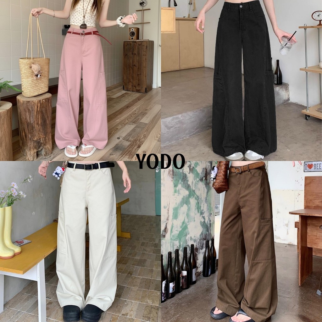 YODO กางเกงยีนส์สไตล์งานช่างทรงหลวม กางเกงลำลองสีขาว คาราเมล สีชมพู สีดำ ใส่ได้กับทุกชุด ขนาด#V132