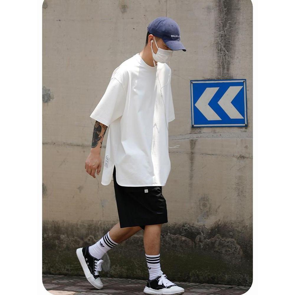 [ส่วนลด 50% ลดราคา] Japanese cityboy White Round Neck Short Sleeve Hem Loose t-Shirt Summer Loose All-Match Top Clothes