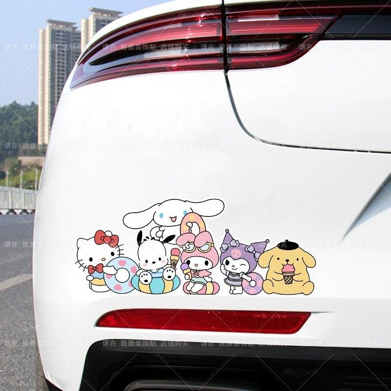 SANRIO สติ๊กเกอร์ติดรถซานริโอ สวัสดี คิตตี้ ตัวถังกันชนรอยขีดข่วนฝาครอบกระจกด้านหลังตกแต่งสติกเกอร์กันน้ํา