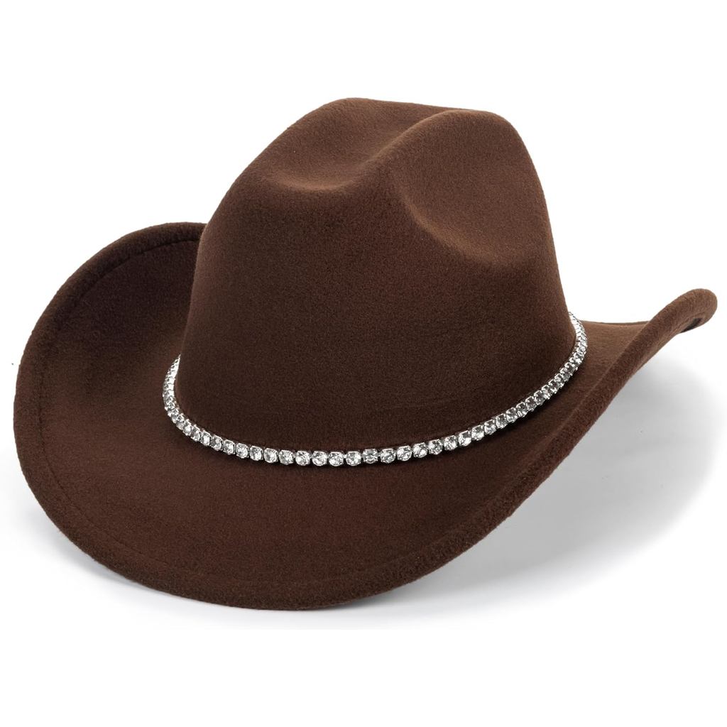 Bling Rhinestone Cowgirl Hat for Women Men, Rolled Wide Brim Western Felt Fedora Sparkly Disco Cowbo