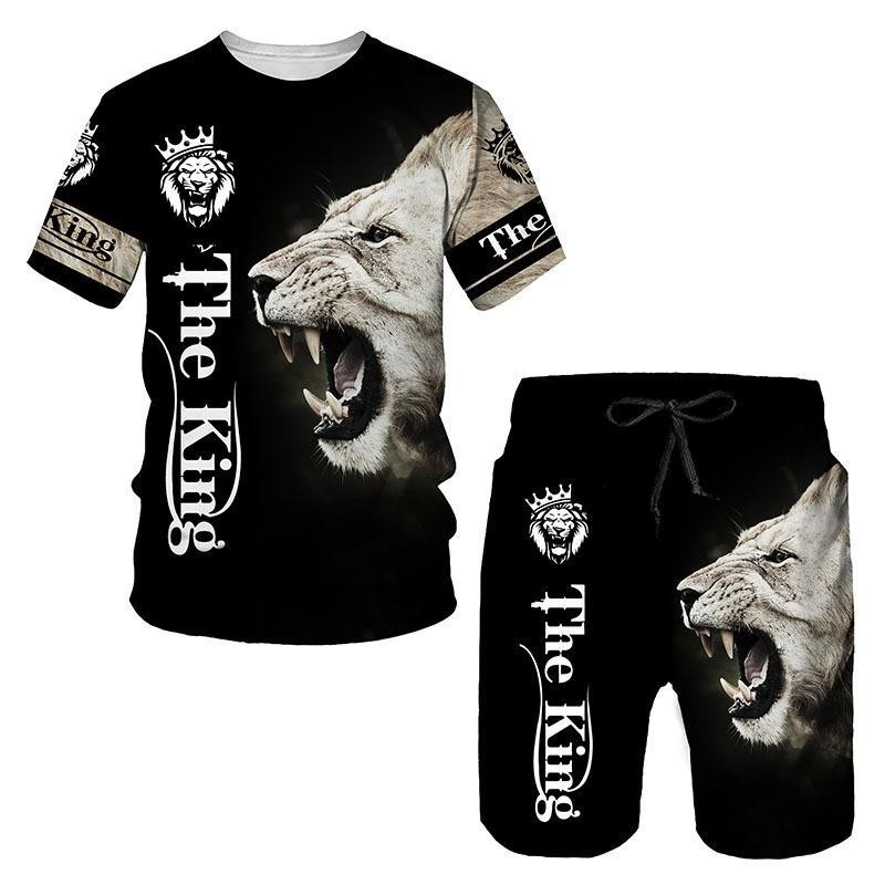 ชุดสูทผู้ชายพิมพ์ลายสัตว์ 3D กางเกงขาสั้นแขนสั้นแฟชั่น แยกขายเสื้อยืดและกางเกงขาสั้น