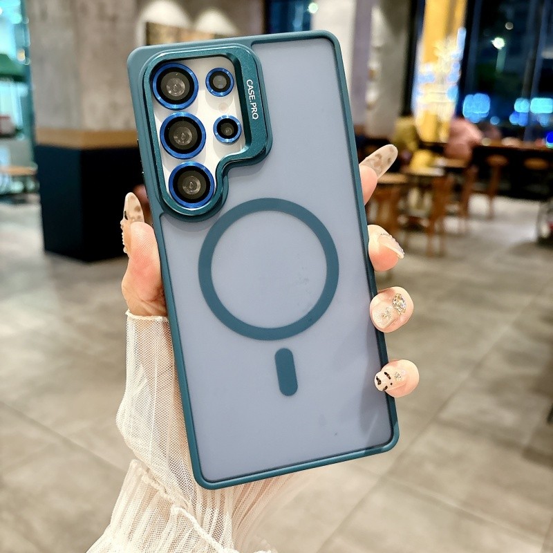 SAMSUNG โลหะหรูหราเลนส์วงเล็บเคสโทรศัพท์แม่เหล็กสําหรับSamsung Galaxy S24Ultra S25Ultra S24Plus S25Plusพร้อมสติกเกอร์เลนส์สีเดียวกันการกระจายความร้อนชายแดนกันกระแทก