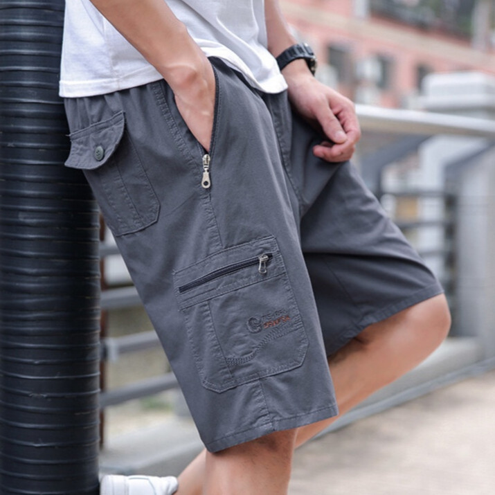 💥BecoolMan💥กางเกงขาสั้นผู้ชาย แบบงานช่าง เอวยางยืด ทรงตรง มีหลายกระเป๋า สีพื้น เรียบง่าย สไตล์สปอร์ต มีหลายสีให้เลือก - รูปที่ 3