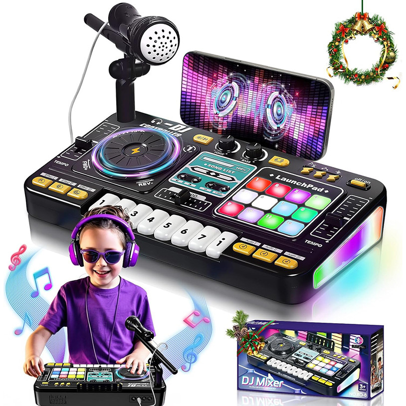 Kids DJ Music Mixer Table Board Set ของเล่นพร้อมไมโครโฟน, ไฟ – ของเล่นดนตรีแบบโต้ตอบสําหรับอายุ 3-12