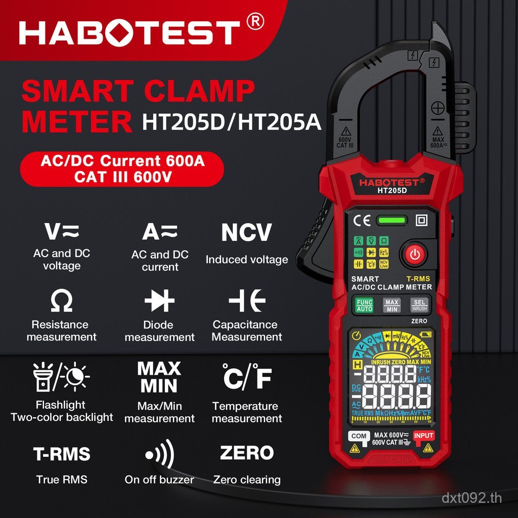 HT205D ภาษาอังกฤษดิจิตอลหน้าจอสีมัลติมิเตอร์แคลมป์มิเตอร์สมาร์ท HABOTEST/HT205A แอมป์มิเตอร์ PWE0