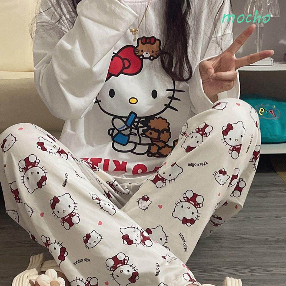 MOCHO Kitty Cat Pyjamas,การ์ตูนแขนยาวตาข่ายชุดนอนชุด,นุ่มรอบคอKawaii Homewearชุดนอนสองชิ้นHome