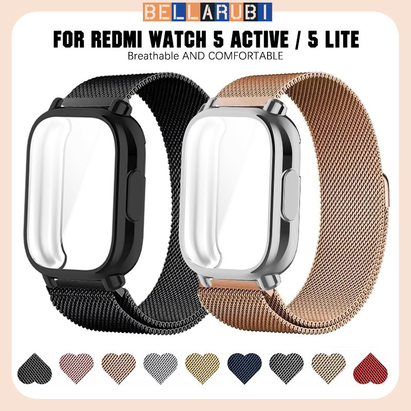 กรณีนุ่มสายรัดสแตนเลส for Redmi Watch 5 Active / 5 Lite TPU ป้องกันหน้าจอฝากกันชน Milanese Loop Metal Band อุปกรณ์เสริม