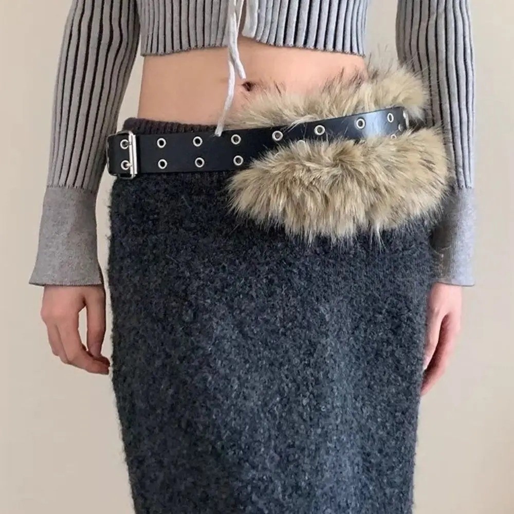ACTINIDIA เข็มขัดเอวแบบแฟชั่นปรับได้ ออกแบบด้วยหนังและตกแต่งด้วยขน faux fur สไตล์ Y2K สำหรับสาวๆ - รูปที่ 3