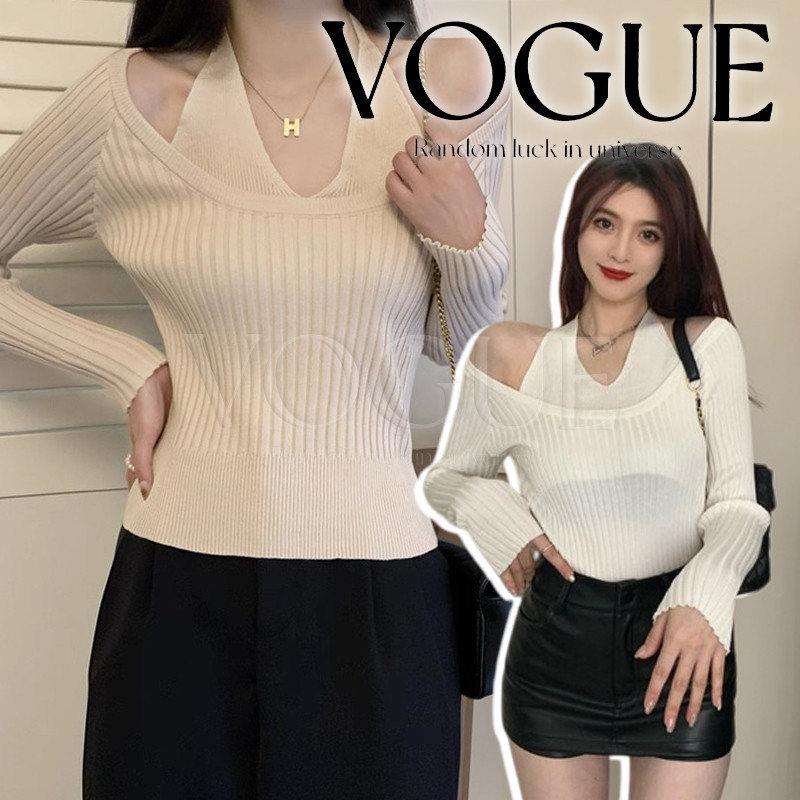 Vogue พร้อมส่ง  เสื้อไหมพรมแขนยาว เปิดไหล่แต่งสายคล้องคอ ผ้าร่อง สีพื้นเรียบๆใส่สบาย (0246)