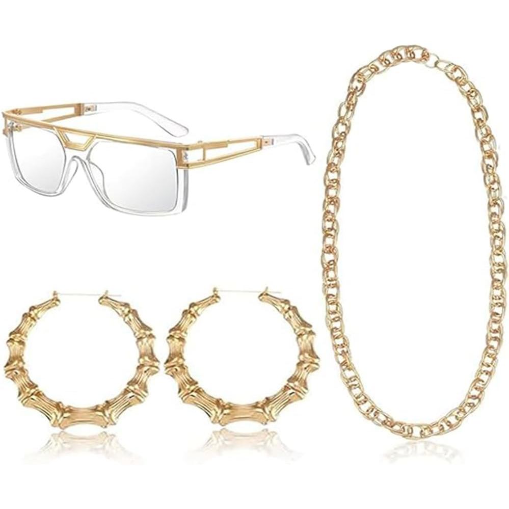 sanderala 90s Accessories Outfit for Woman Rapper Hip Hop Costume Kit Old School Jewelry Faux Gold R