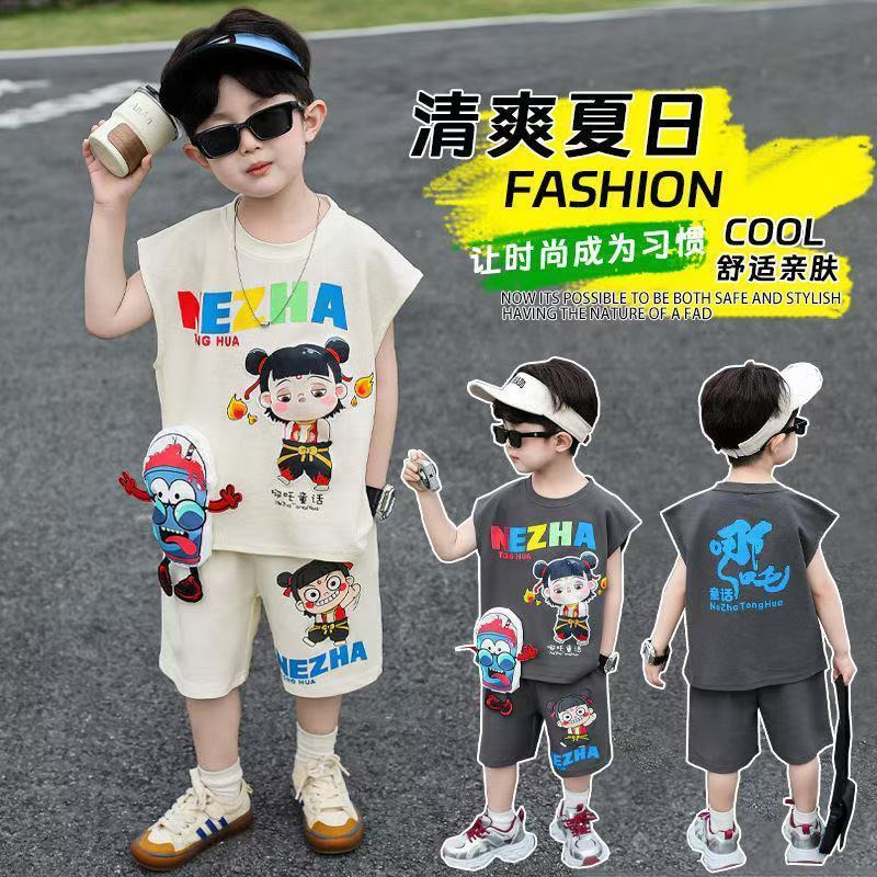 Nezha ชุด Nezha เสื้อผ้า Nezha เด็กชายฤดูร้อนแขนกุดชุด 2025 Cool หล่อแฟชั่นเด็กทารกบางเสื้อกั๊กกางเก