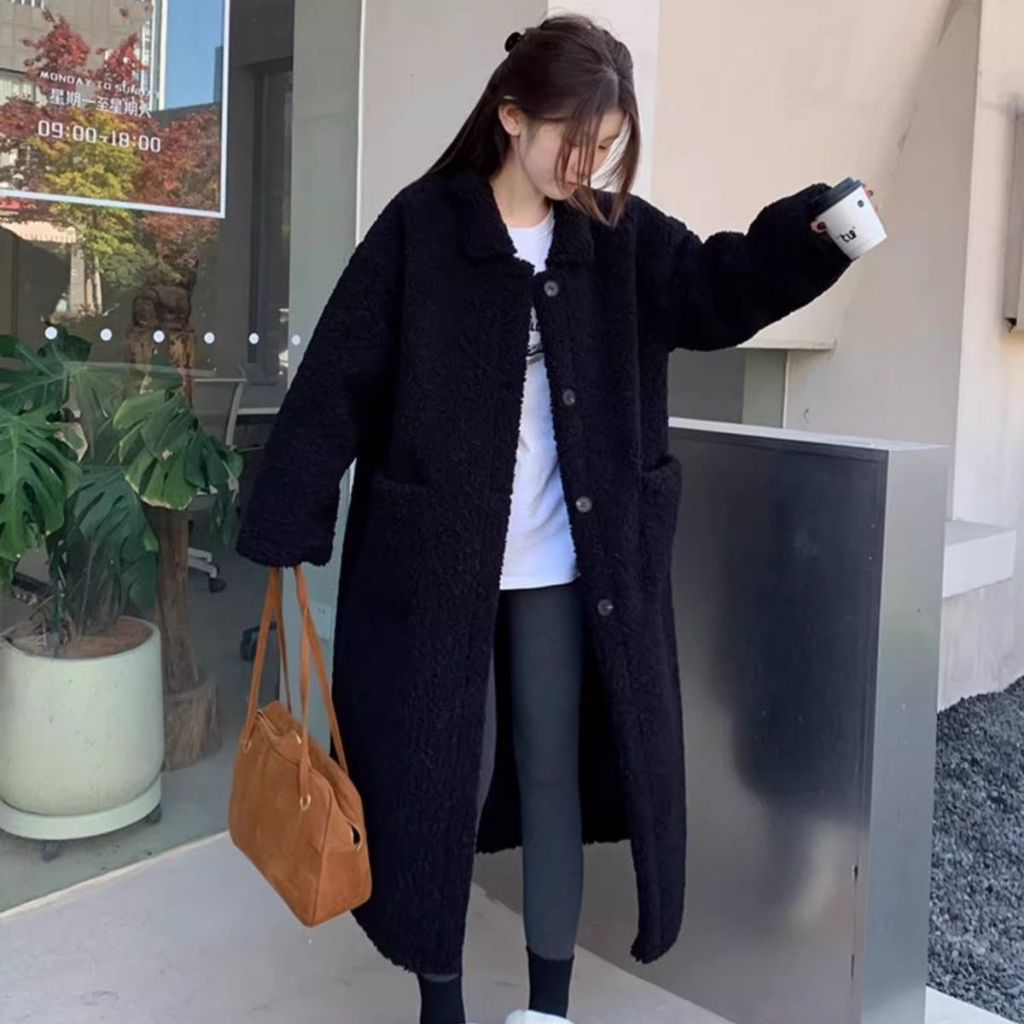 สีดําขนชิ้นเดียวFaux Fur Lapel Lambเสื้อขนสัตว์ผู้หญิงฤดูหนาวขนสัตว์หนาความยาวกลางเสื้ออบอุ่น (043H3