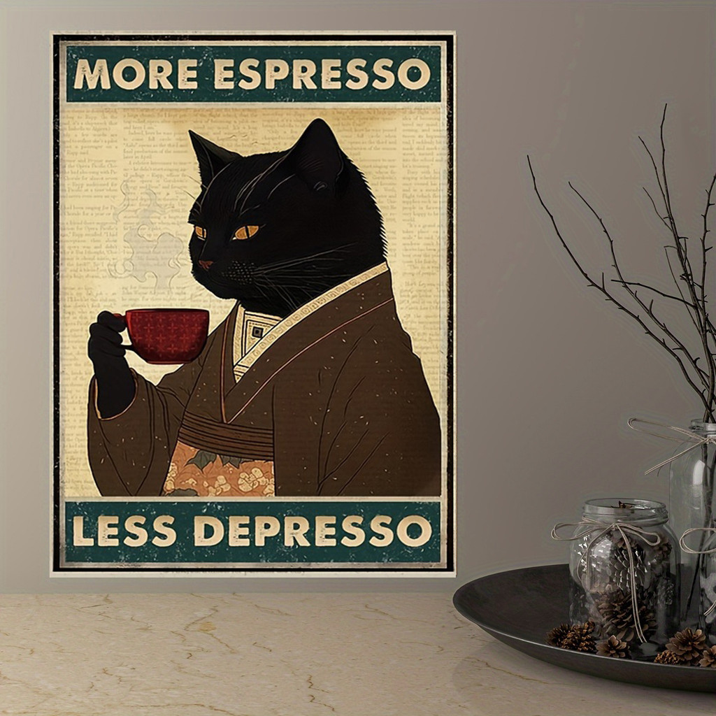 [2D Flat] 1 PC Vintage Japanese-Inspired Black Cat Coffee Poster - "More Espresso Less Depresso" Retro Wall Art Print, Frameless Canvas Decor สําหรับห้องนอน, ห้องนั่งเล่น, Cafe & Home -