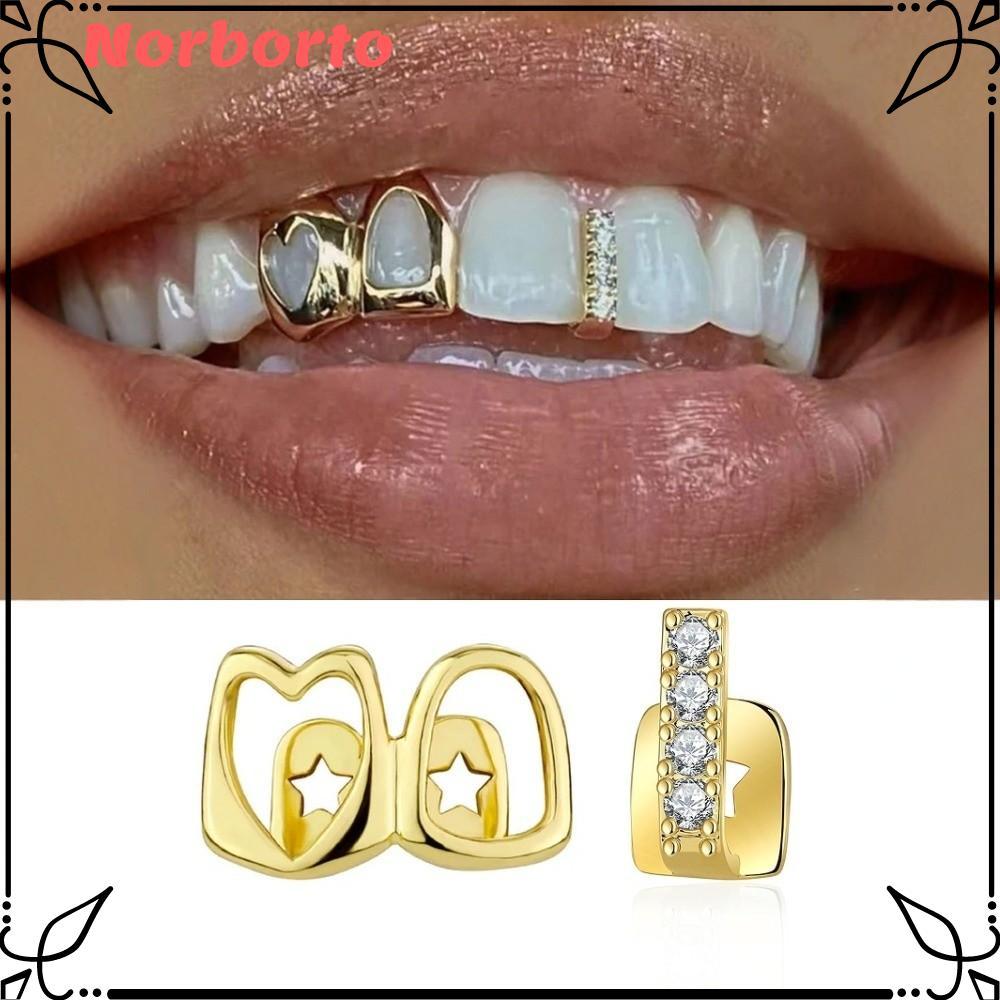 NORBORTO Grillz, เงาทองแดง Hip Hop ฟัน Grillz, Hollow Heart Double Heart Gold สีฟันหมวกผู้หญิง