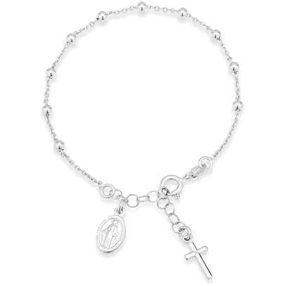 Miabella 925 เงินสเตอร์ลิงอิตาเลี่ยนลูกประคํา Cross Bead Charm Link Chain สร้อยข้อมือผู้หญิงปรับได้ 