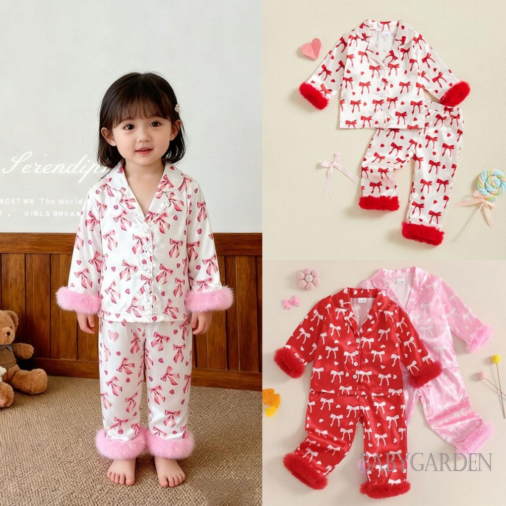 ชุดนอนสำหรับเด็กผู้หญิง ลายโบว์และลายฟลัชแบบคลุมไหล่ สไตล์แขนยาว กางเกงคู่ เหมาะสำหรับโอกาสพิเศษ