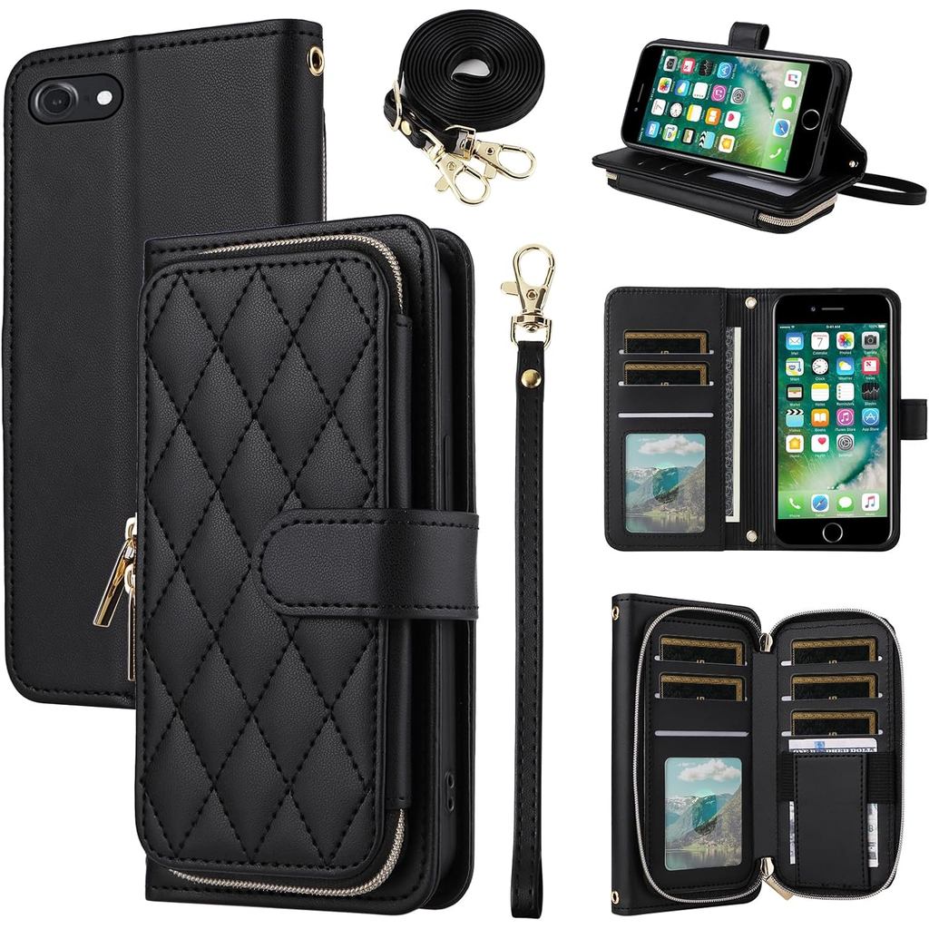 Argyle Wallet Case for iPhone 6 6s with Wrist Strap Shoulder Strap, 9+ Card Slots Zipper Purse Stand