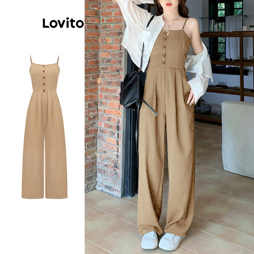 Lovito ชุดจั๊มสูทเรียบหรูจั๊มสูทกระดุมสีพื้นสําหรับผู้หญิง L74ED215 (หลากสี)