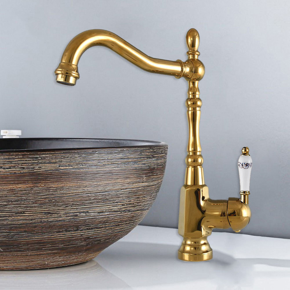 ทองเหลืองทองก๊อกน้ําห้องครัวเซรามิคเดี่ยวจับร้อนและเย็นผสม 360 หมุน Spout Deck ติดตั้ง Tap zgf062