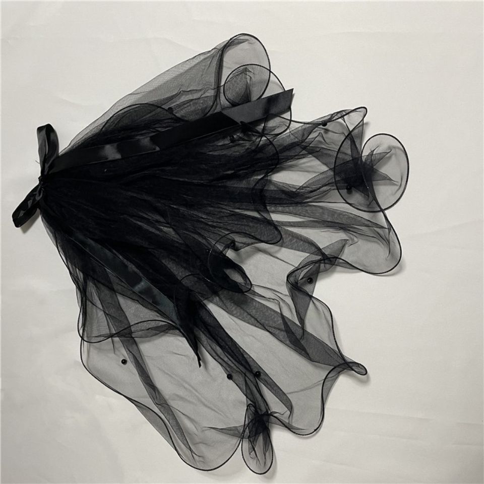 Retro Gothic Bow Veil สีดำ พร้อมผมบางสำหรับฮาโลวีนและงานแต่งงาน