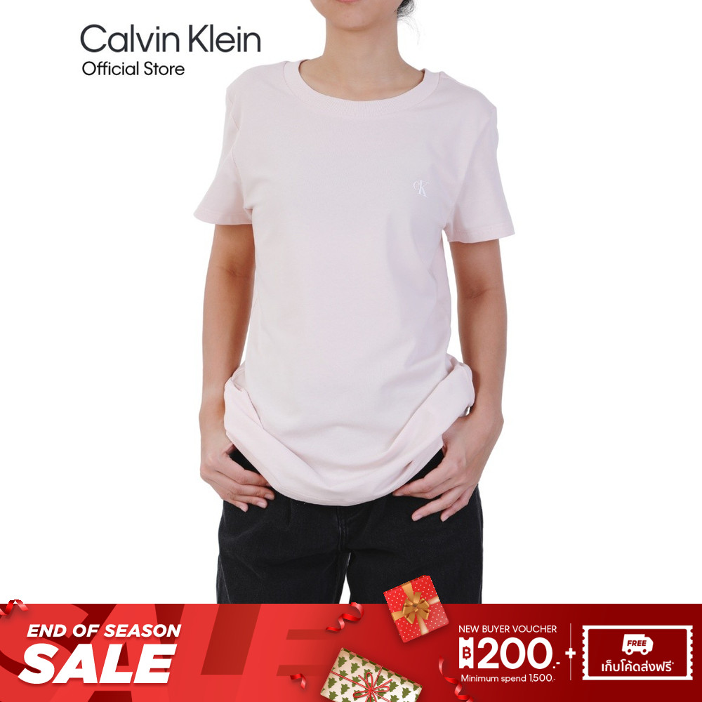 CALVIN KLEIN เสื้อยืดคอกลมแขนสั้นผู้หญิง Ck Logo ทรง Slim รุ่น 47AB804 LN4 - สี Ivory