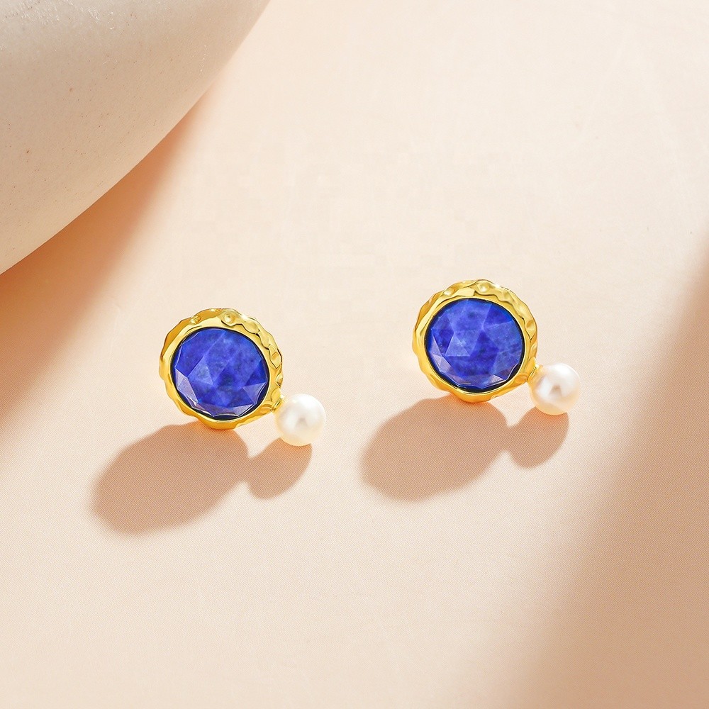 Vintage เงินสเตอร์ลิงชุบทองธรรมชาติ ต่างหู Lapiz Lazuli และไข่มุกน้ำจืด สำหรับงานแต่งงาน