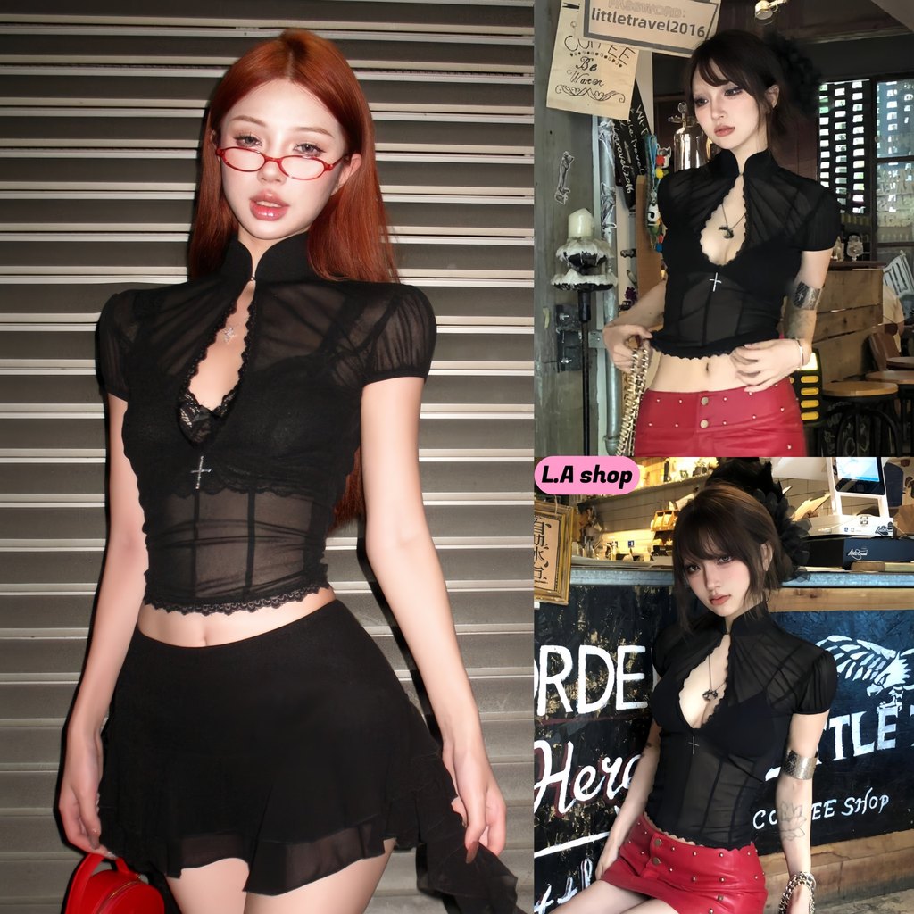 L.A Shop★เสื้อคุณภาพดี เสื้อยืดครอปแขนสั้น ดีเทลเว้าหลังอยู่ น่ารักมากๆผ้าซีทรู เข้ารูป เซ็กซี่ “FY5072” ราคา ถูกที่สุด ดีลบีเคเค