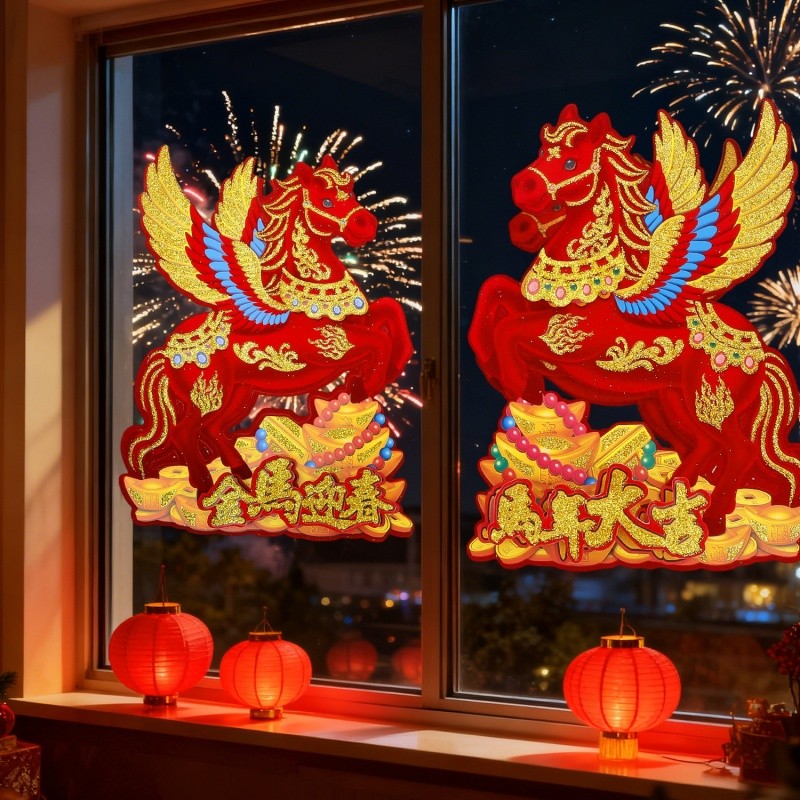 2026 ปีใหม่โชคดีบินม้ารูปแบบสติกเกอร์ประตู-จีนโบราณราศีม้าเทศกาลฤดูใบไม้ผลิหน้าต่างรูปลอก - รูปที่ 2