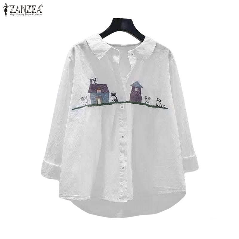 ZANZEA ผู้หญิงเกาหลีวันหยุดลําลอง Turn-Down-Collar 3/4 Sleeve Graphic Print Loose Fit Shirts