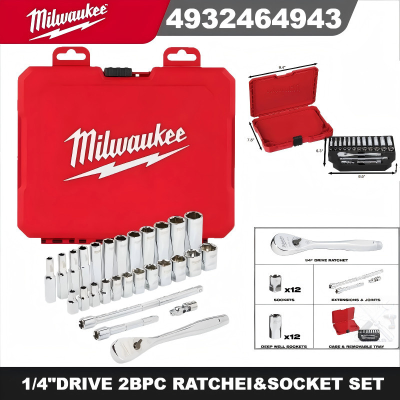 Milwaukee 48-22-9504 เมตริก 1/4" ไดรฟ์ 28 ชิ้น Ratchet & Socket Set MILWAUKEE อุปกรณ์เสริมเครื่องมือไฟฟ้า 4932464943